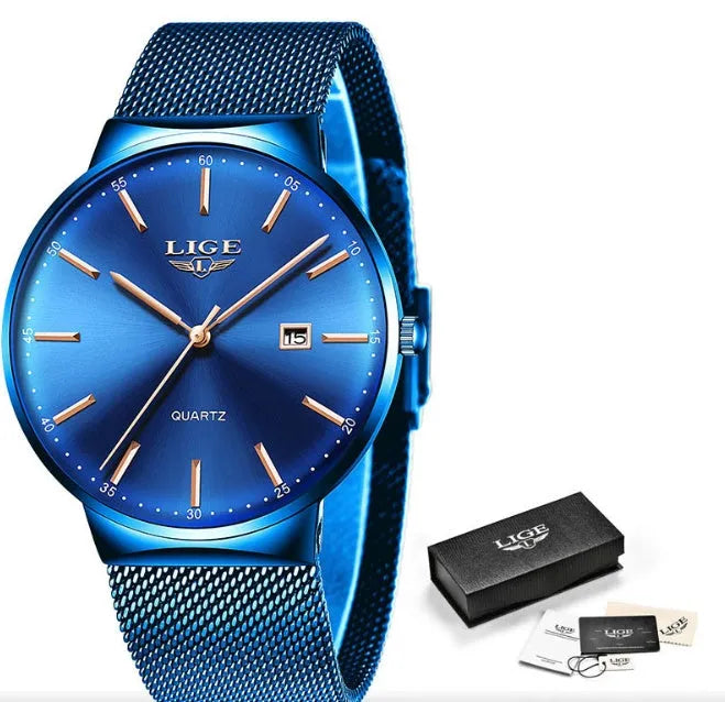 Men's stainless steel wristwatch with 40mm dial showing black, blue, or two-tone colour options
