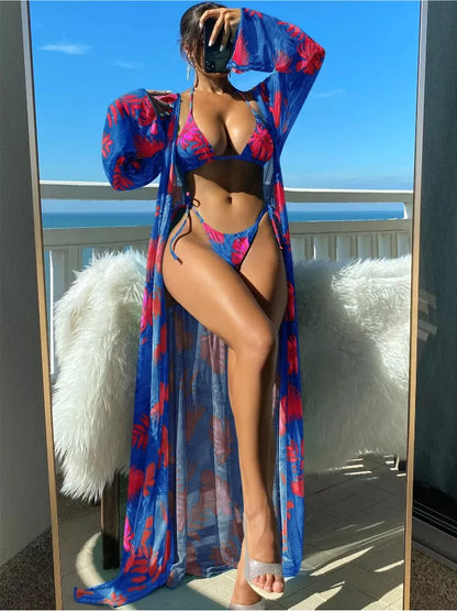 Split Long Sleeve Ins Blouse Banded Bikini Set in various colors