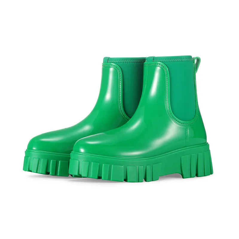 PVC low tube rain boots in apricot colour with non-slip sole and flat heel design