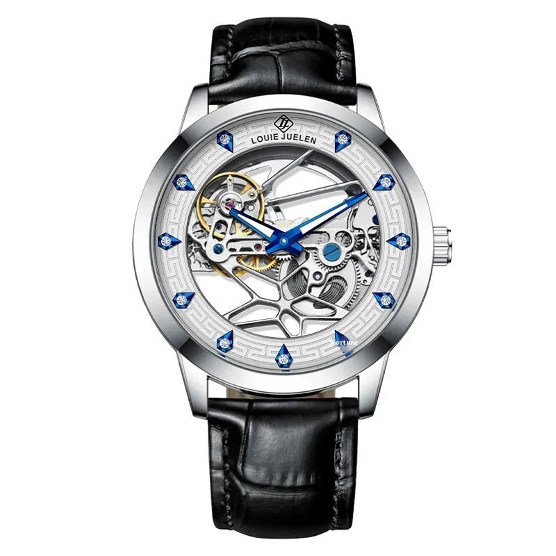 Men's silver case mechanical watch with white dial, blue hands, and black genuine leather strap