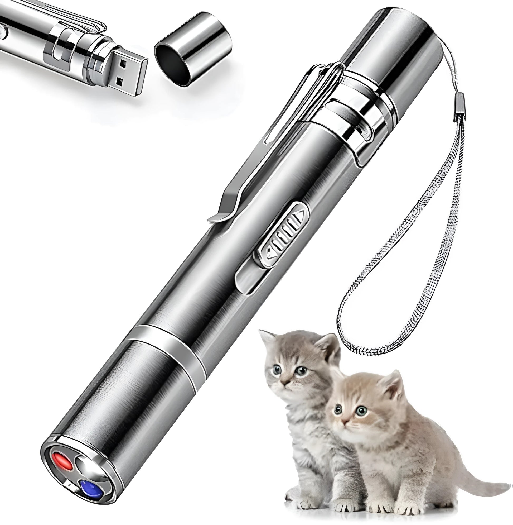 Silver aluminium cat laser toy pointer with metal clip, showing red light projection.