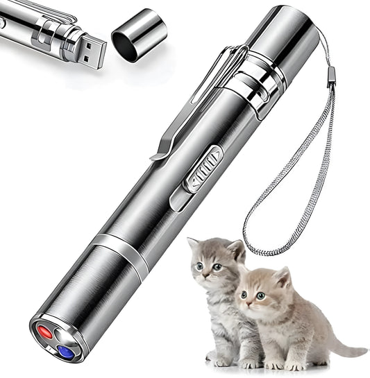 Silver aluminium cat laser toy pointer with metal clip, showing red light projection.
