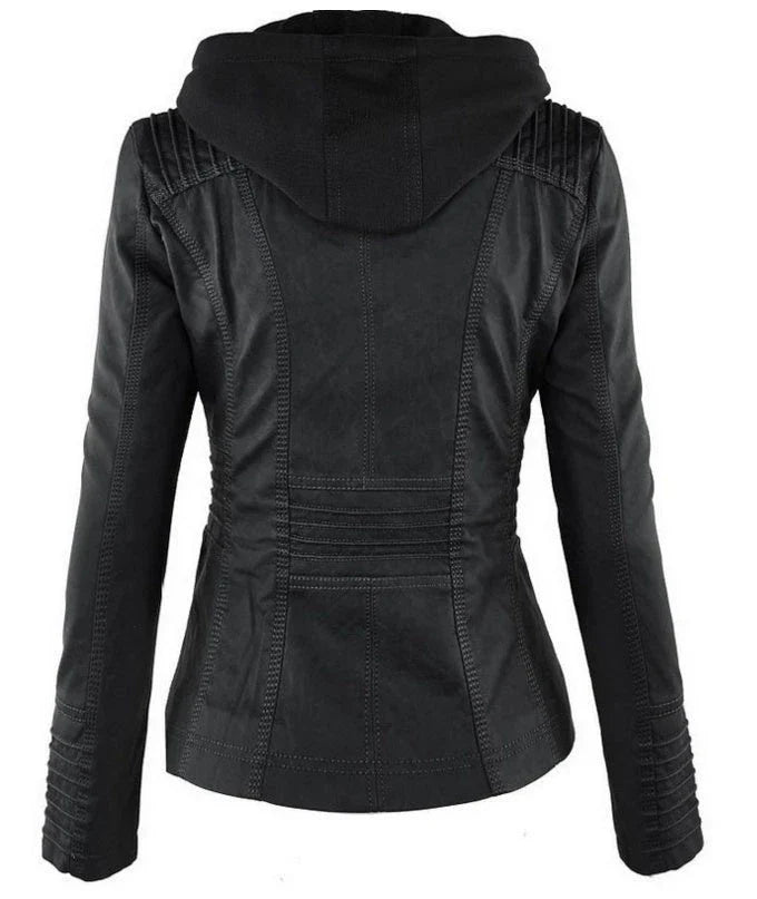 A fashionable hooded leather jacket with pockets, available in various colors and sizes for women's casual outerwear.