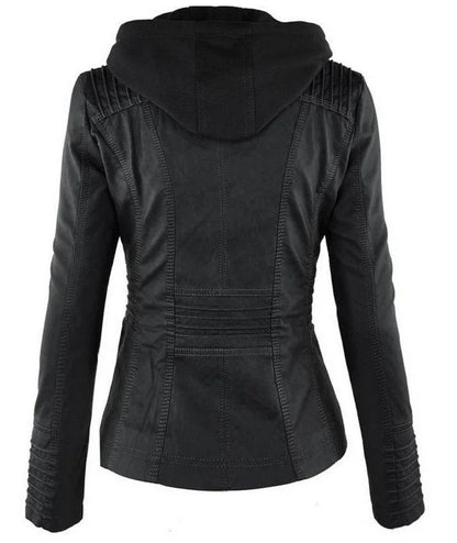 A fashionable hooded leather jacket with pockets, available in various colors and sizes for women's casual outerwear.