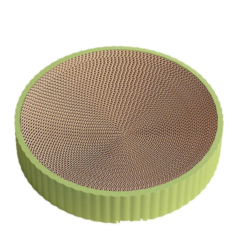 Round green cat scratching board measuring 55cm with corrugated paper surface and two replacement refills