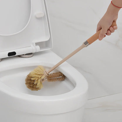 Wooden toilet brush with 360 degree bristles and natural beech handle for bathroom cleaning