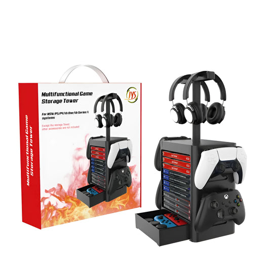 Black ABS gaming storage rack with hanging controllers, a drawer open showing game cases, and headphones on top.