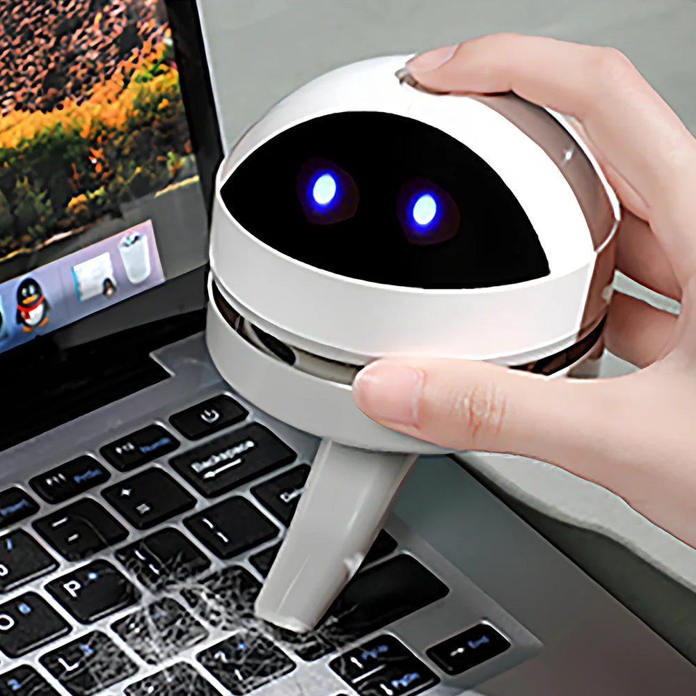 White mini USB desktop keyboard cleaner vacuum with flat nozzle and 30ml dust box, 15cm long for handheld use