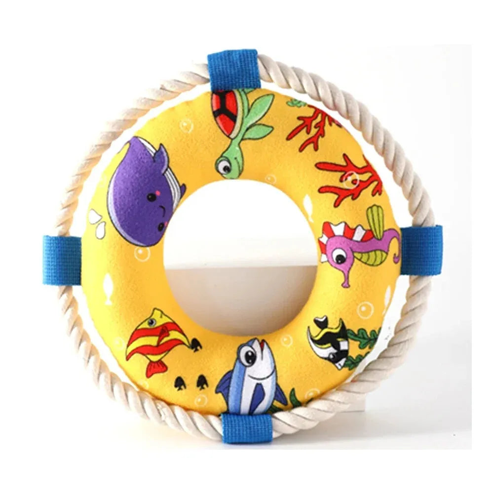 25cm diameter dog pull ring chew toy with squeaker in blue, red or yellow designs