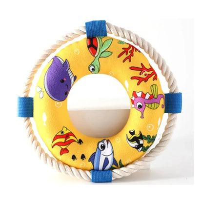 25cm diameter dog pull ring chew toy with squeaker in blue, red or yellow designs