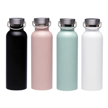 Black stainless steel water bottle showing 750ml capacity marking and measuring 24cm tall