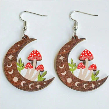Brown wooden mushroom earrings with detailed printing, nickel-free posts, 2.5cm height