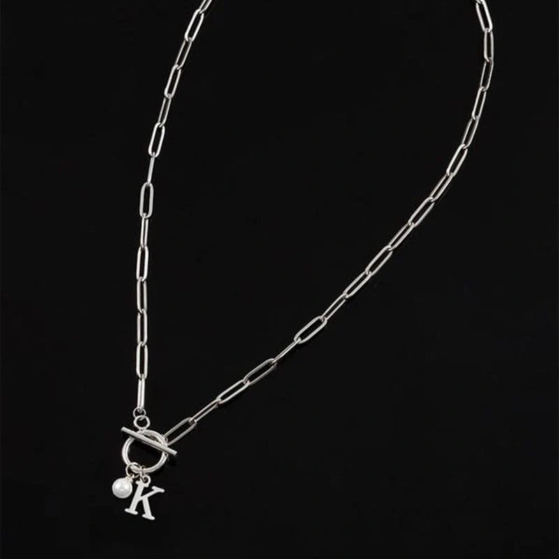 Personalized English letter necklace with stainless steel chain and imitation pearl pendant