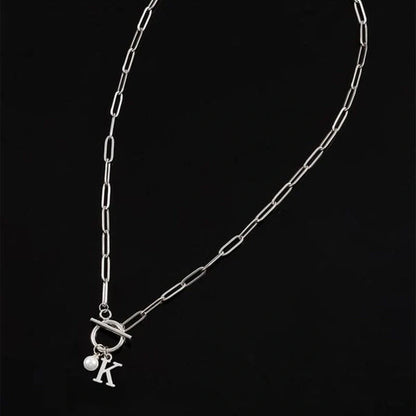 Personalized English letter necklace with stainless steel chain and imitation pearl pendant