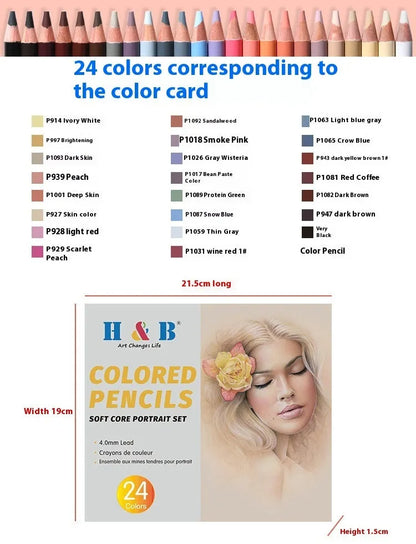 Set of 24 skin tone colour art pencils and HB refills in a round iron box brush pot.