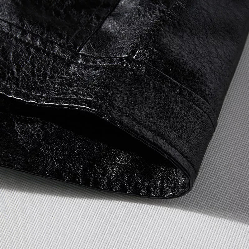Men's black PU leather jacket with cotton lining, adjustable for diverse fits