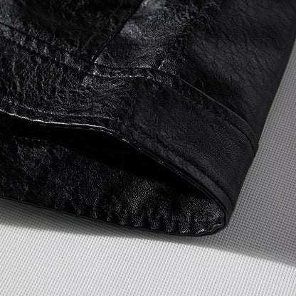 Men's black PU leather jacket with cotton lining, adjustable for diverse fits