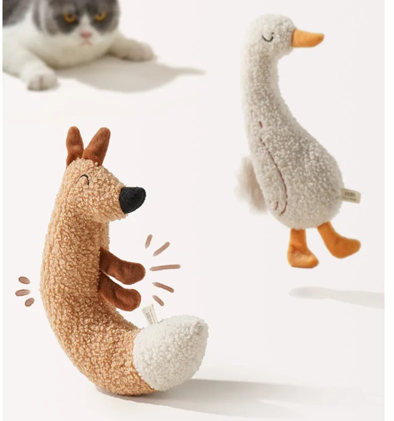 Pet chew toy for dogs and cats, bite-resistant cartoon plush toy with crinkle paper sound, fox or duckling design, teddy velvet fabric with PP cotton stuffing, fox size 205 cm long, duckling size 12x28 cm