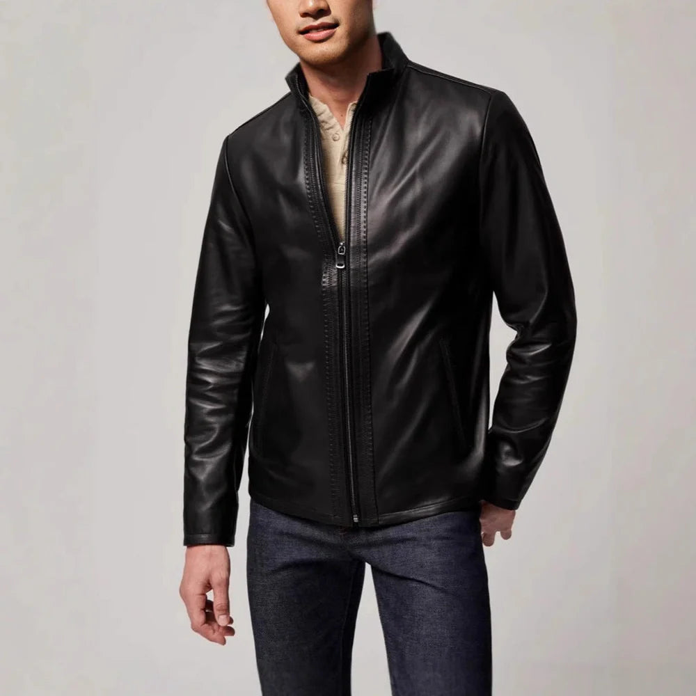 Black men's retro-style polyester jacket with straight hem design and long sleeves
