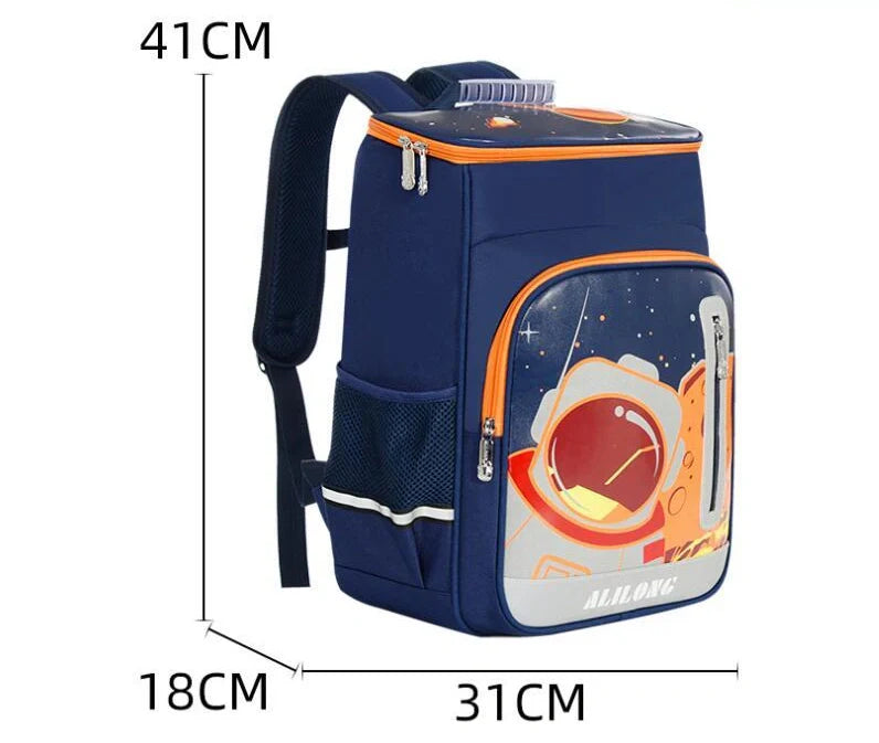 Blue-red spine protection backpack for elementary school boys measuring 41x30x13.5cm