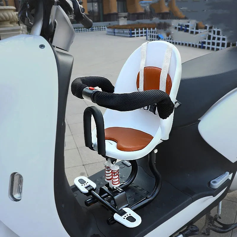 Front child seat for electric scooters with black steel frame measuring 20cm by 20cm by 53cm