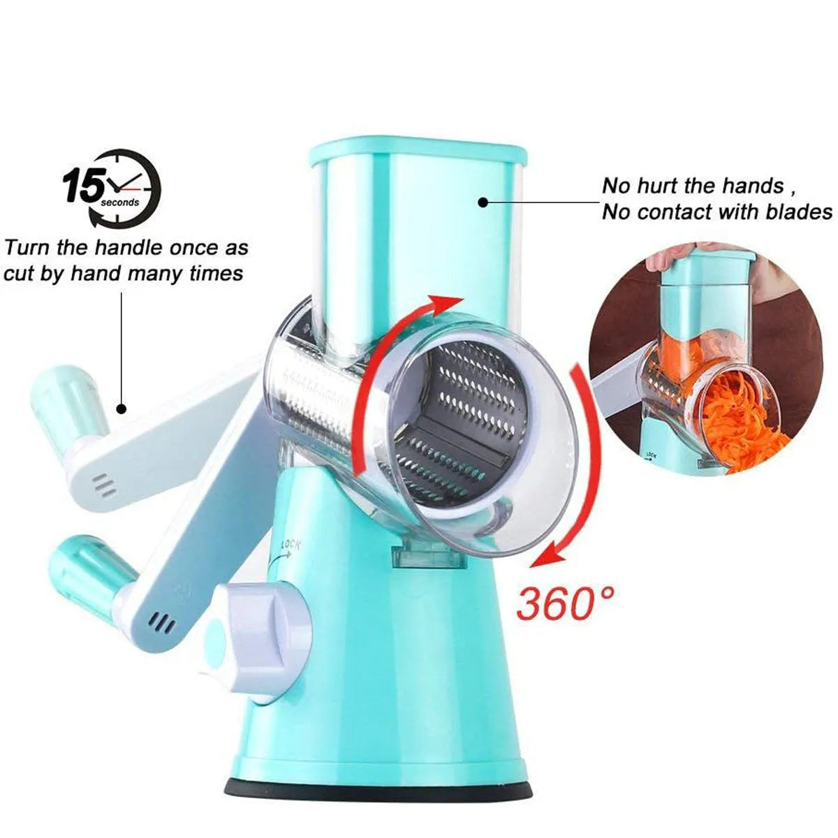 Blue multifunctional manual vegetable cutter with stainless steel blades for slicing potatoes and cheese.