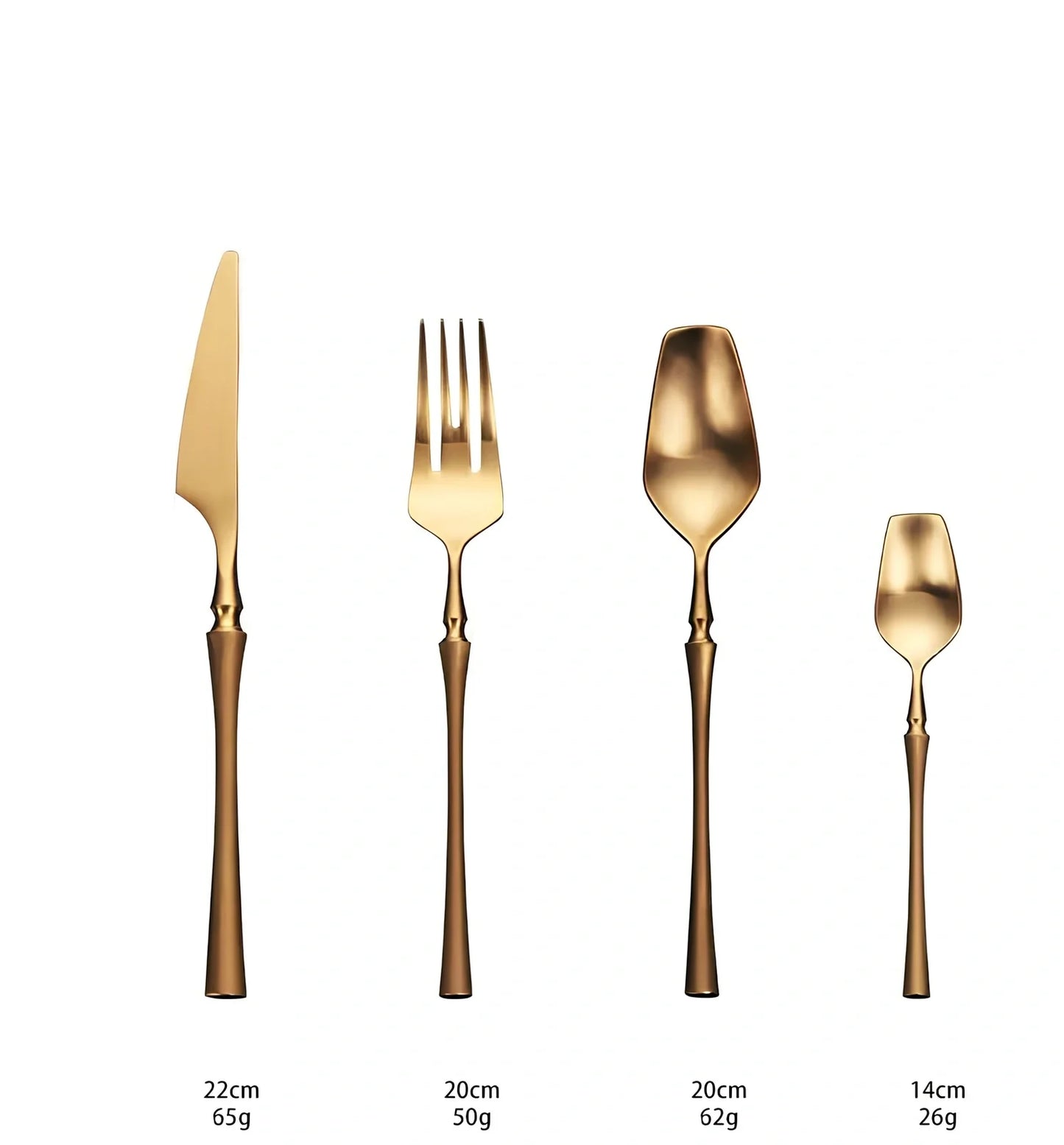 Four-piece stainless steel cutlery set showing main knife, fork, spoon, and teaspoon with mirror finish