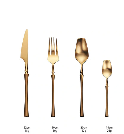 Four-piece stainless steel cutlery set showing main knife, fork, spoon, and teaspoon with mirror finish