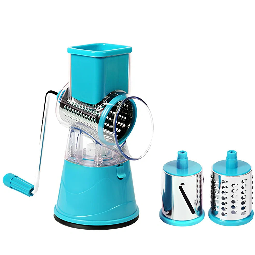 Manual stainless steel drum cutter with blue finish and hand crank for vegetable slicing