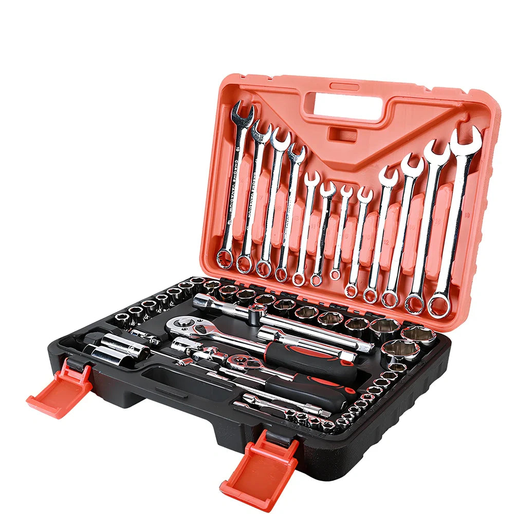 61-piece chrome vanadium socket wrench set with metric tools from 4mm to 32mm for automotive repairs