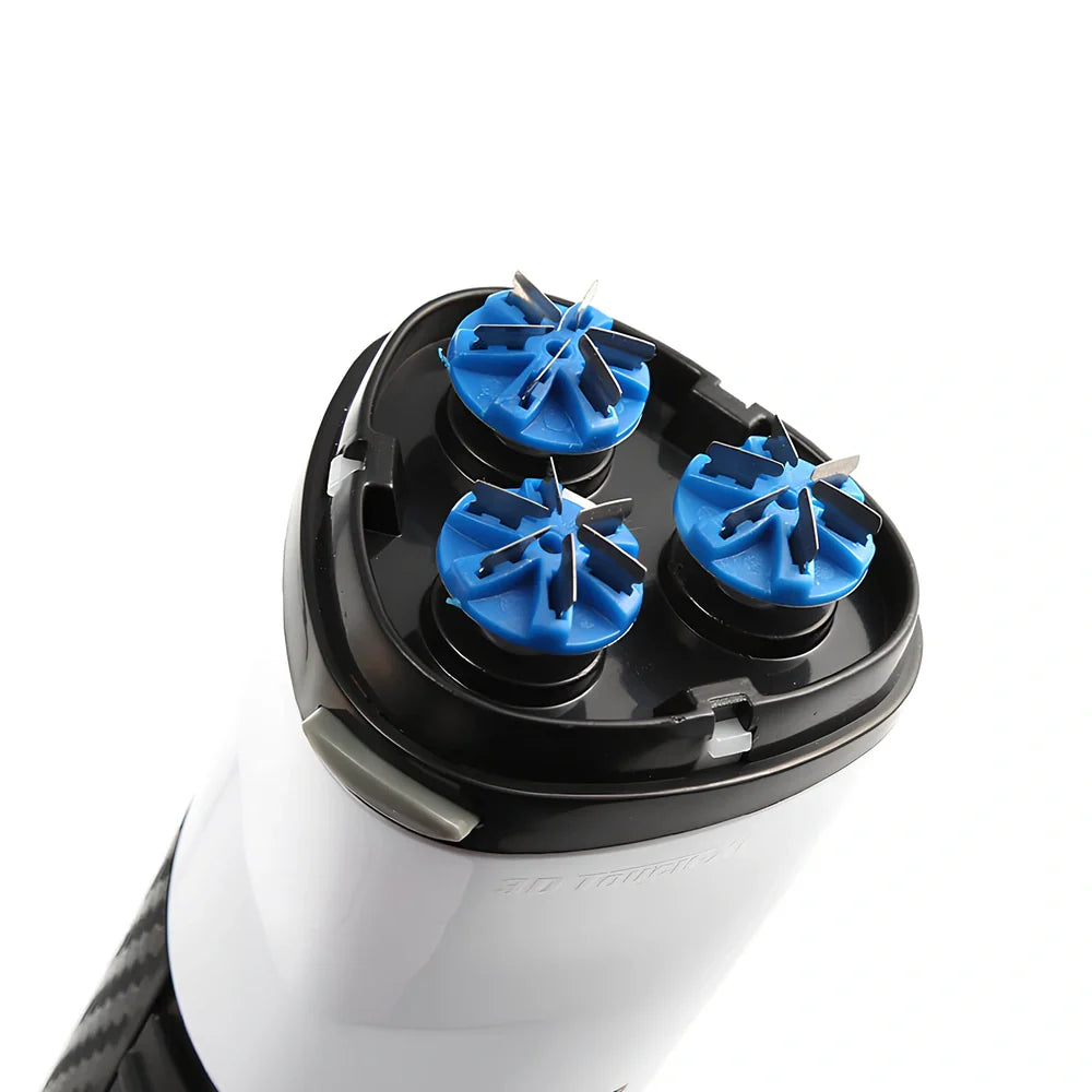 Ruiying cordless electric shaver with built-in body wash dispenser showing rubberised grip and 3D floating heads