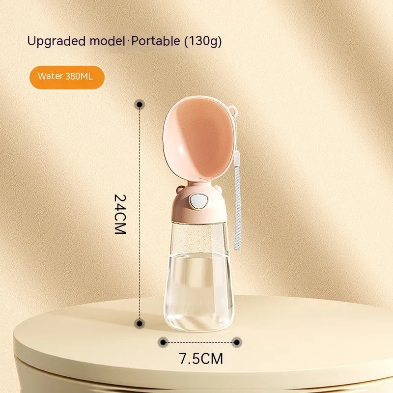 Portable dog water bottle with feeder bowl in brown, pink, or yellow colours for outdoor pet travel