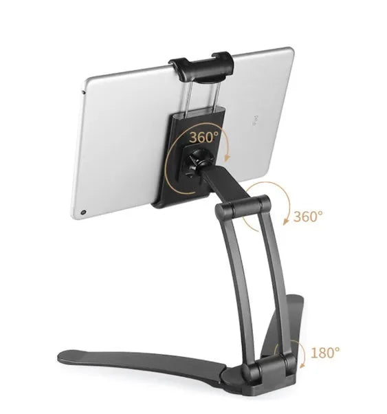 Aluminium alloy desktop tablet stand with adjustable clips on a 23.5cm base, holding a tablet at an angle