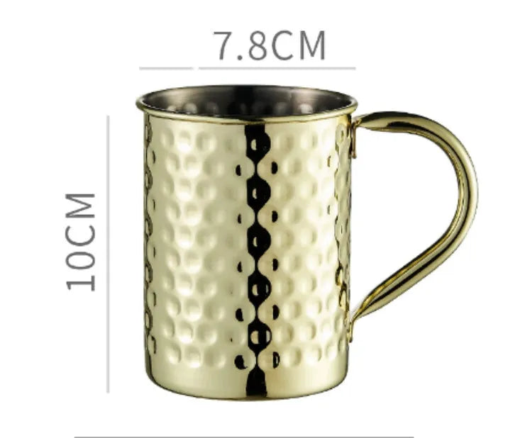 Stainless steel Moscow Mule cup with copper interior in gold, rose gold, silver, or black finish.