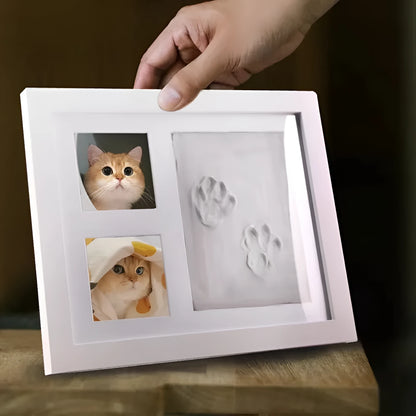 DIY pet paw print photo frame kit with moulding clay for dogs and cats, in black or white.