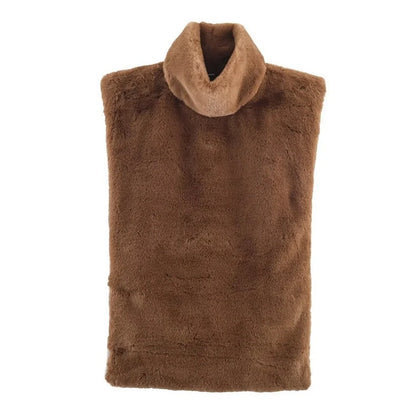 Women's dark brown half-turtle neck sleeveless top with furry texture, showing 40-50cm length