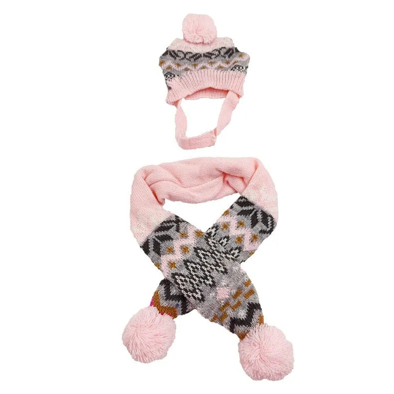 Grey Japanese-style retro jacquard pet sweater, hat and scarf set on a small dog model.