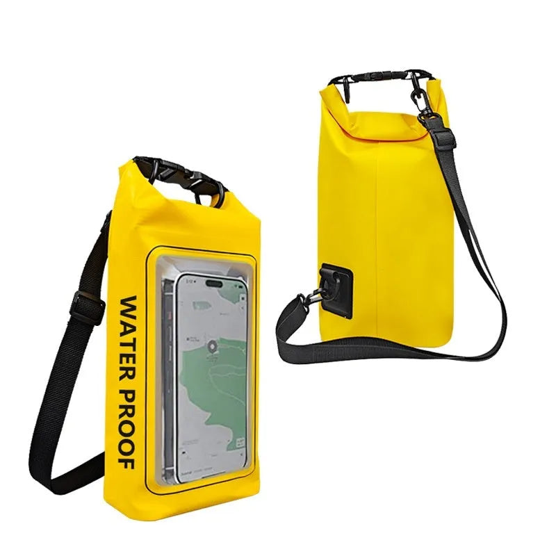 Army green PVC waterproof crossbody bag for mobile phones on a beach.