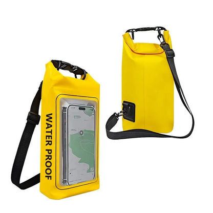 Army green PVC waterproof crossbody bag for mobile phones on a beach.