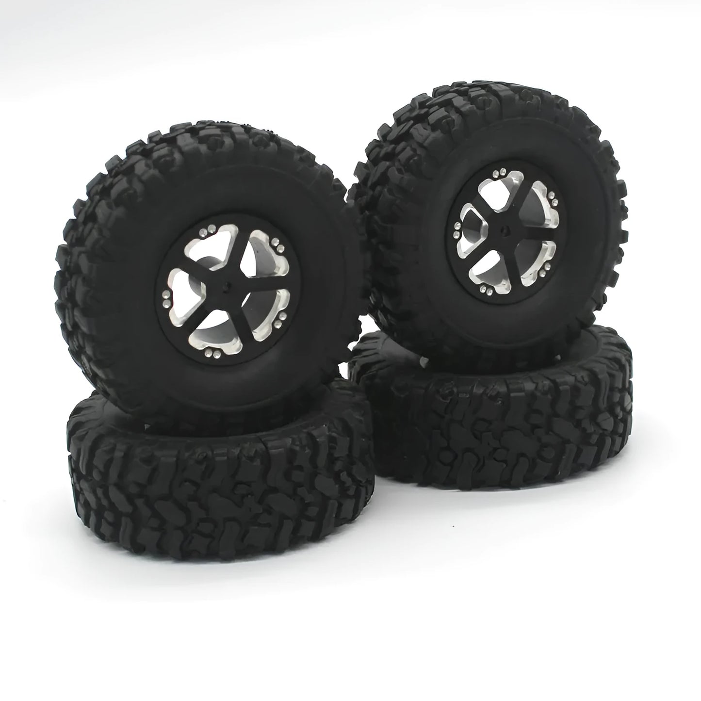 Alloy military-style remote control car accessories including grey front bar, beam, axles, and black tyres