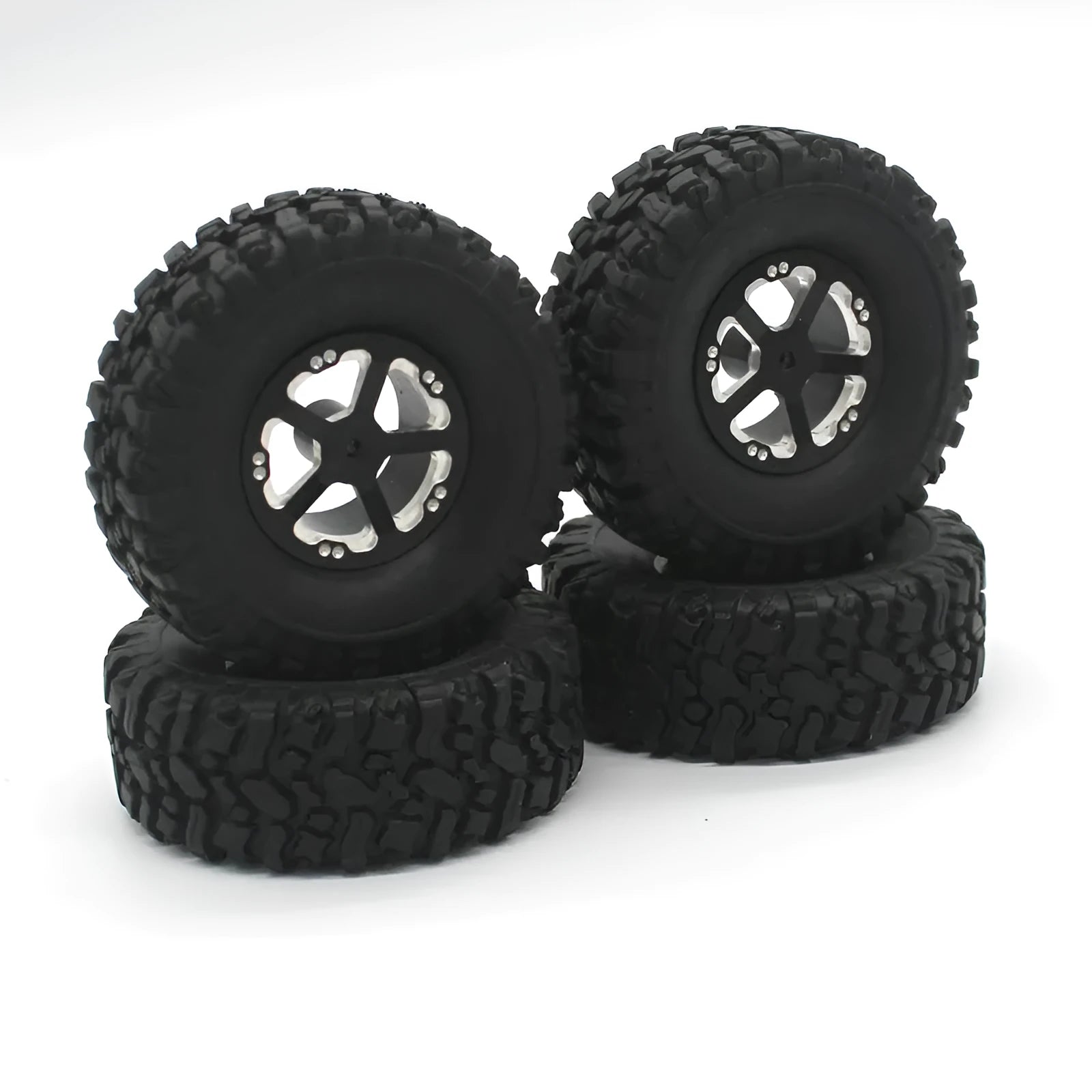 Alloy military-style remote control car accessories including grey front bar, beam, axles, and black tyres
