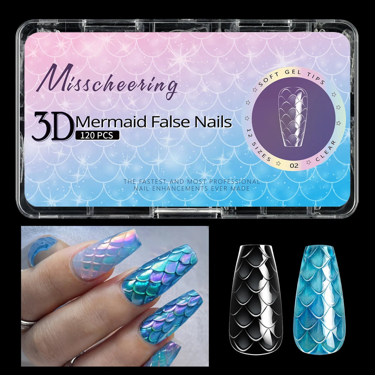 Professional 3D scale long shaping false nail tips in Frigate Box packaging for nail extensions.