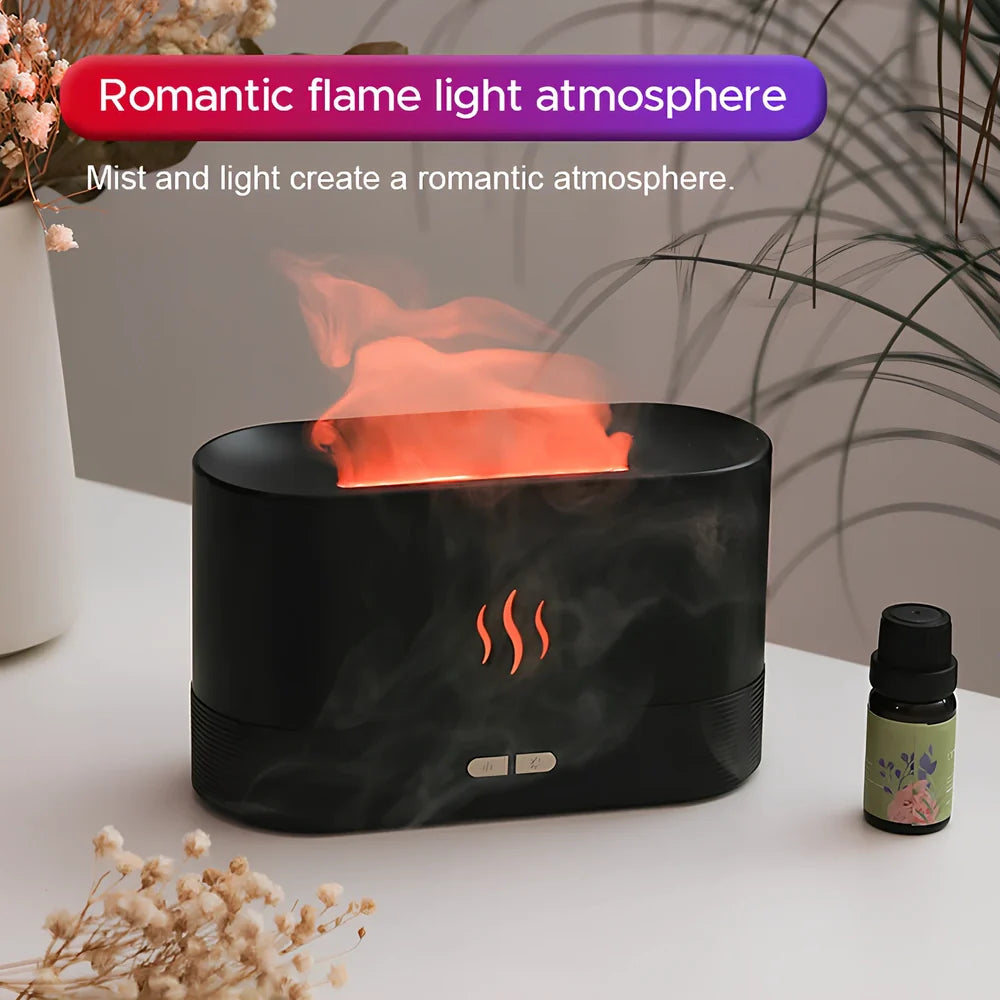 USB ultrasonic flame humidifier with colour-changing LED flame effect and mist output