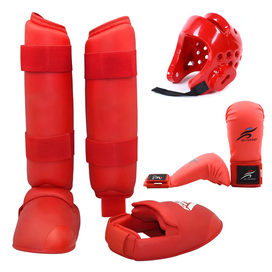 Red and blue karate protective gear set showing helmet, boxing gloves, and leg guard.