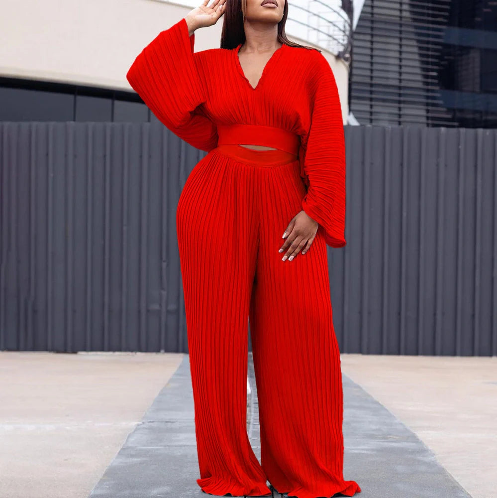 Wide leg trousers two-piece set with batwing sleeves in sapphire blue colour