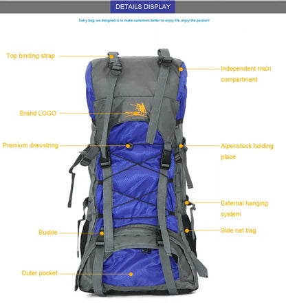 Extra Large Outdoor 60L Travel Backpack with external storage and waist bags