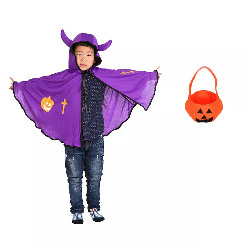 Children's Halloween costume in knitted polyester, available in red, yellow, black, and purple