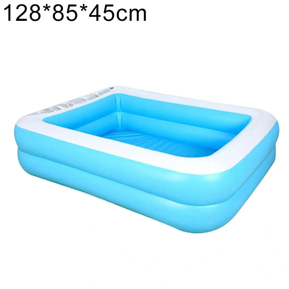 Large rectangular blue paddling pool measuring 200cm long × 150cm wide in garden setting