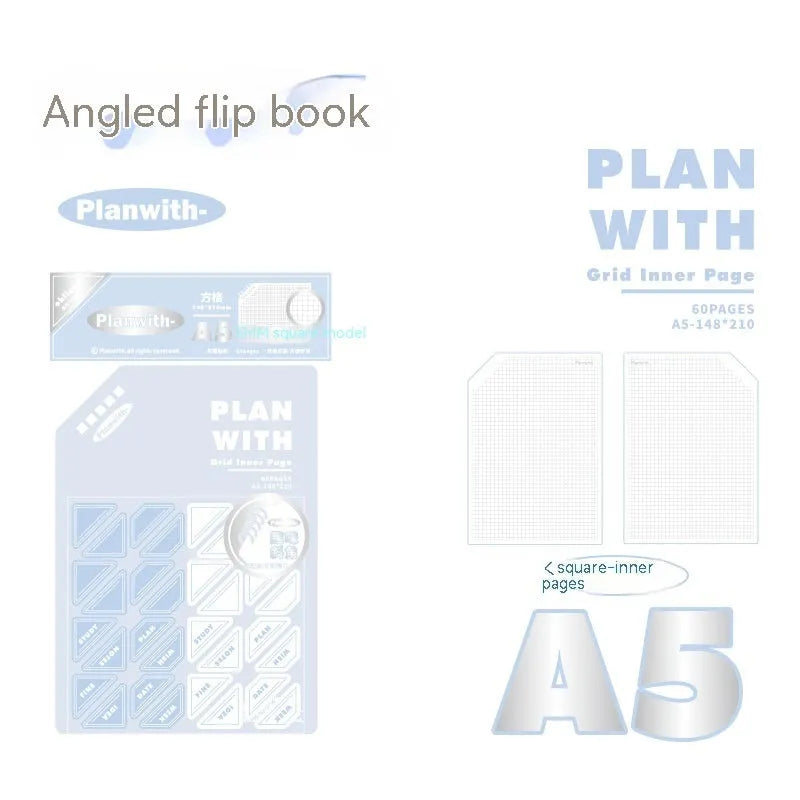 Oblique Angle notebook with 60 sheets, A5 or B5 size, white or plaid blue cover options for student use