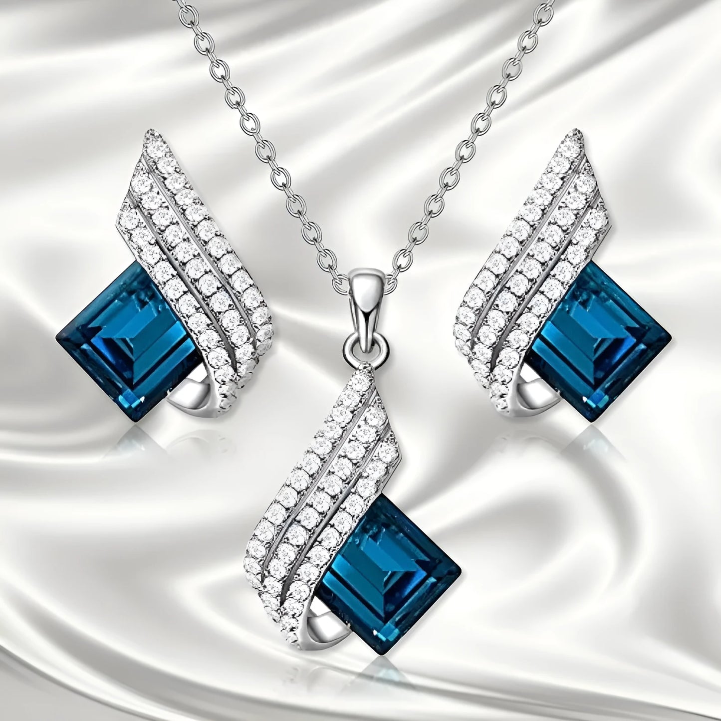 Women's alloy pendant and glass necklace with matching electroplated ear studs in cross chain style.
